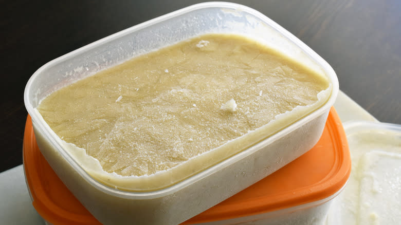 Frozen potato soup in container