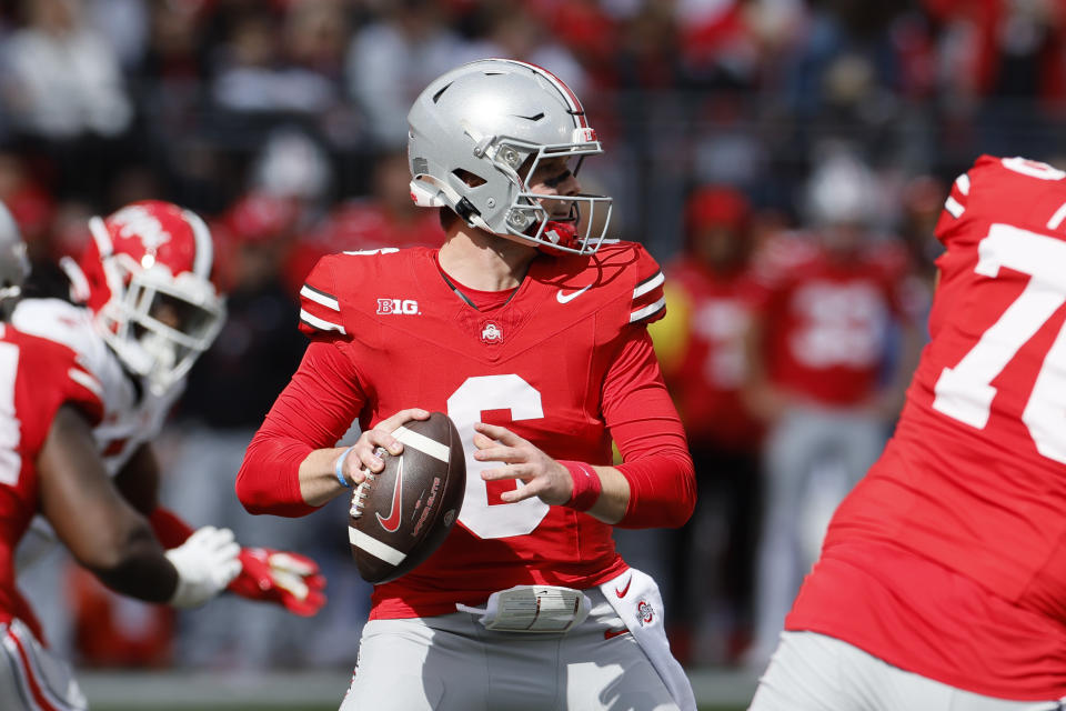 Ohio State quarterback Kyle McCord drops back to pass against Maryland during the first half of an NCAA college football game Saturday, Oct. 7, 2023, in Columbus, Ohio. (AP Photo/Jay LaPrete)