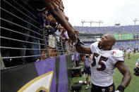 BALTIMORE, MD - SEPTEMBER 11: Terrell Suggs #55 of the Baltimore Ravens celebrates with fans the Ravens defeated the Pittsburgh Steelers 35-7 during the season opener at M&T Bank Stadium on September 11, 2011 in Baltimore, Maryland. (Photo by Rob Carr/Getty Images)