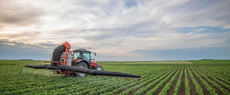 Tractor spraying pesticides at soy bean fields