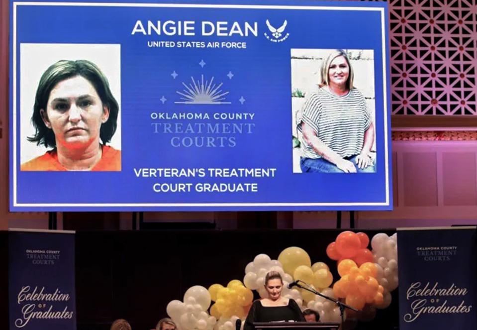 Having my son in my life, (and) going back to school, all these things I didn’t even know were possible,” Angie Dean said on Oct. 11 during an Oklahoma County Treatment Courts ceremony. Dean’s arrest and photo were featured in a 2020 edition of “Just Busted,” a magazine that publishes arrest mug shots.