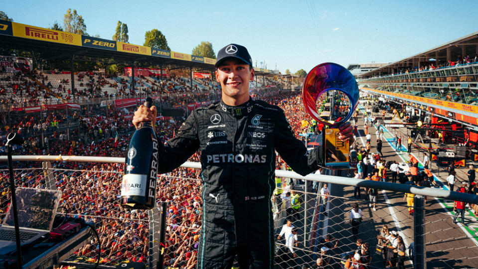 George Russell celebrates his third-place finish at the 2022 Italian Grand Prix.