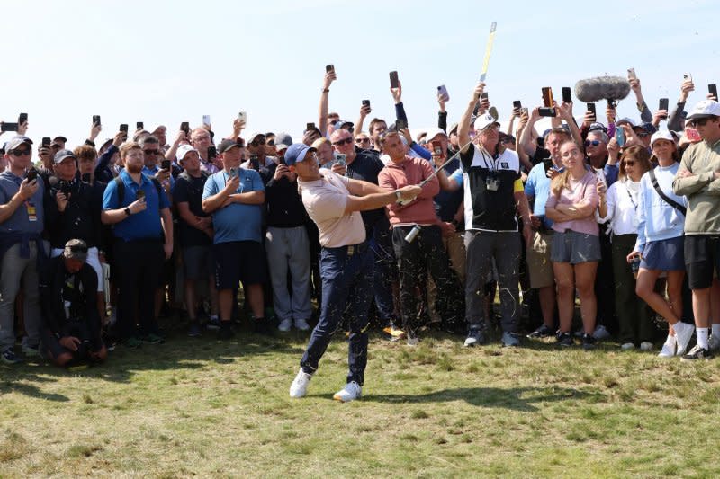 Northern Ireland's Rory Mcllroy hits out of the rough on hole No. 2 on the first day of the 151st Open Championship on Thursday at Royal Liverpool Golf Club in Hoylake, England. Photo by Hugo Philpott/UPI