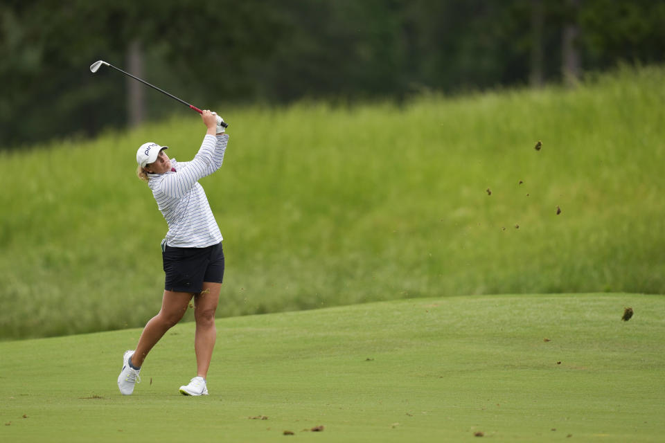 Lauren Coughlin hits from the first hole during the final round of the Chevron Championship LPGA golf tournament Sunday, April 21, 2024, at The Club at Carlton Woods in The Woodlands, Texas. (AP Photo/David J. Phillip)