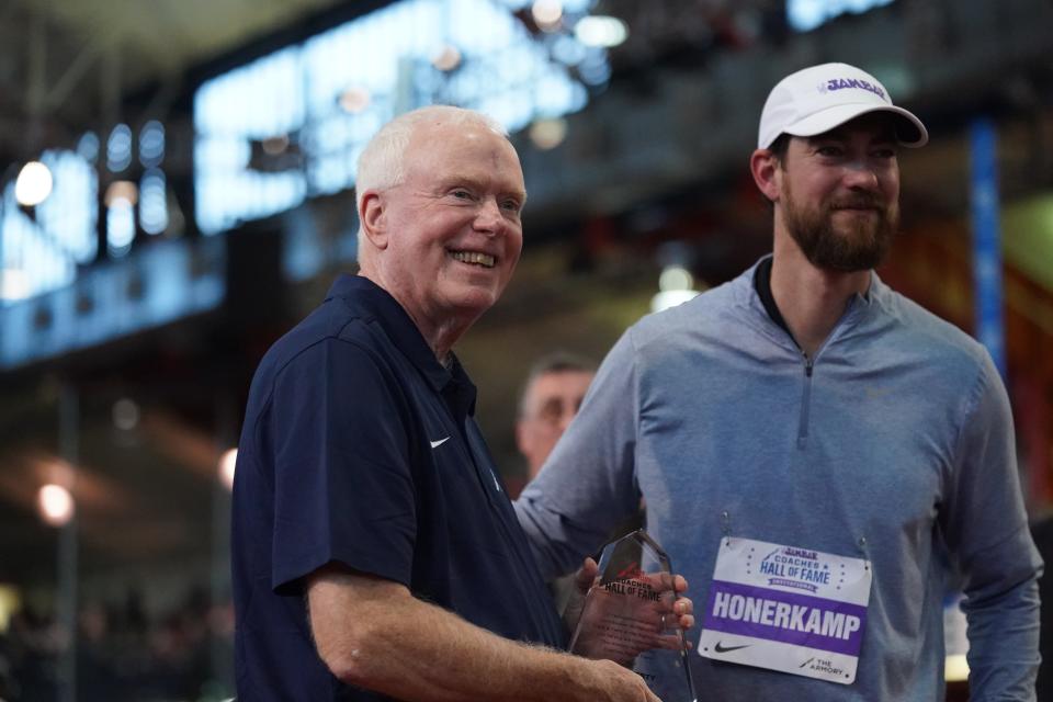 Pearl River's Dan Doherty is inducted into the Coaches Hall of Fame at The JAMBAR Coaches Hall of Fame Invitational at Armory Track & Field Center in New York on Saturday, Dec 16, 2023.