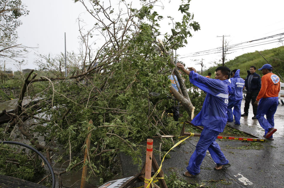Government workers clean up a tree that was toppled by strong winds from Typhoon Mangkhut as it barreled across Tuguegarao city in Cagayan province, northeastern Philippines on Saturday, Sept. 15, 2018. The typhoon slammed into the Philippines northeastern coast early Saturday, it's ferocious winds and blinding rain ripping off tin roof sheets and knocking out power, and plowed through the agricultural region at the start of the onslaught. (AP Photo/Aaron Favila)