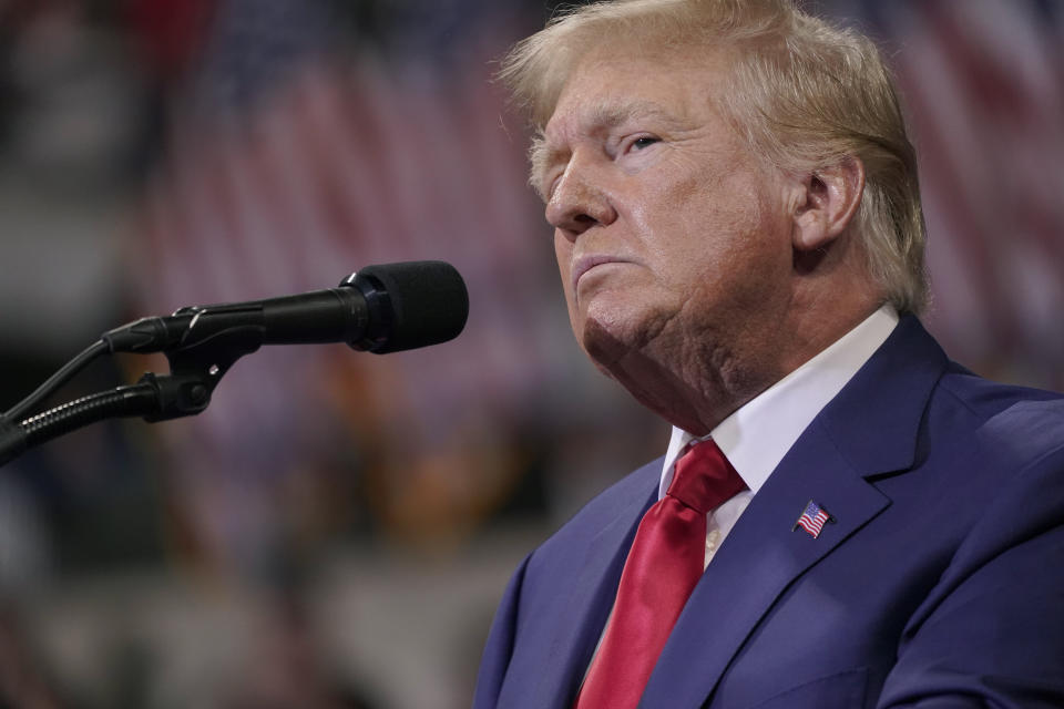 Former President Donald Trump speaks at a rally in Wilkes-Barre, Pa., Saturday, Sept. 3, 2022. (AP Photo/Mary Altaffer)