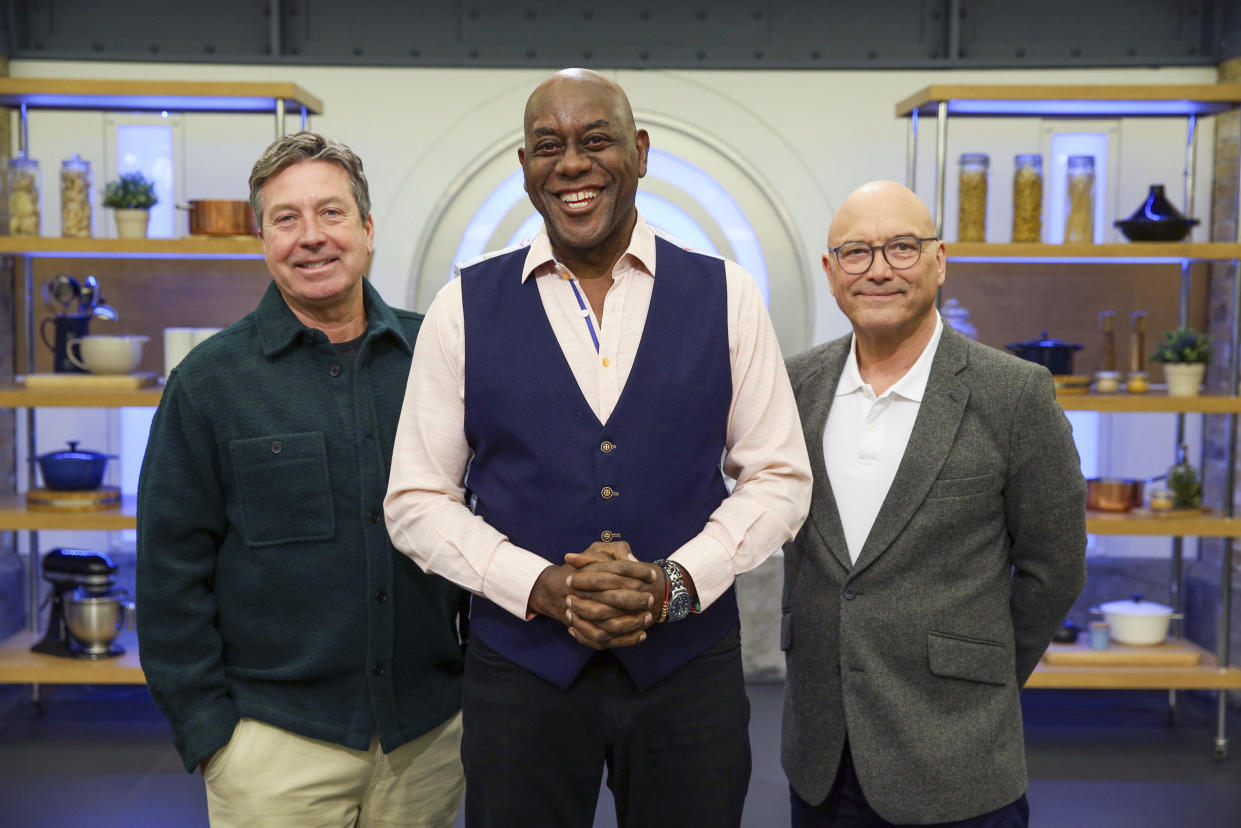 Ainsley Harriott (centre) joined John Torode and Gregg Wallace for Celebrity MasterChef's semi-finals week. (BBC/Shine TV)
