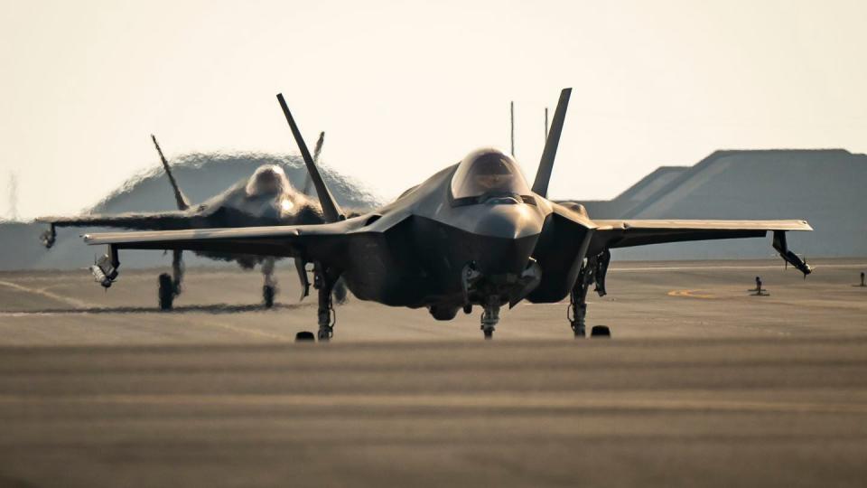 Two U.S. Air Force F-35A Lightning IIs from the 421st Expeditionary Fighter Squadron taxi on the runway at Al Udeid Air Base, Qatar, Sept. 5. (Tech. Sgt. Leah Ferrante/Air Force)