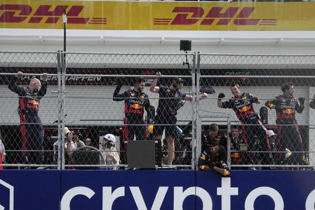Red Bull crew members celebrate as Max Verstappen wins the Formula One Miami Grand Prix auto race at the Miami International Autodrome, Sunday, May 7, 2023, in Miami Gardens, Fla. (AP Photo/Rebecca Blackwell)