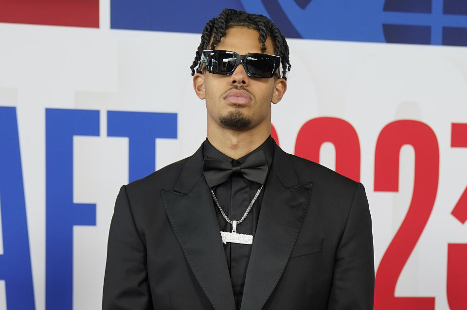 Rayan Rupert arrives at Barclays Center before the NBA basketball draft, Thursday, June 22, 2023, in New York. (AP Photo/John Minchillo)