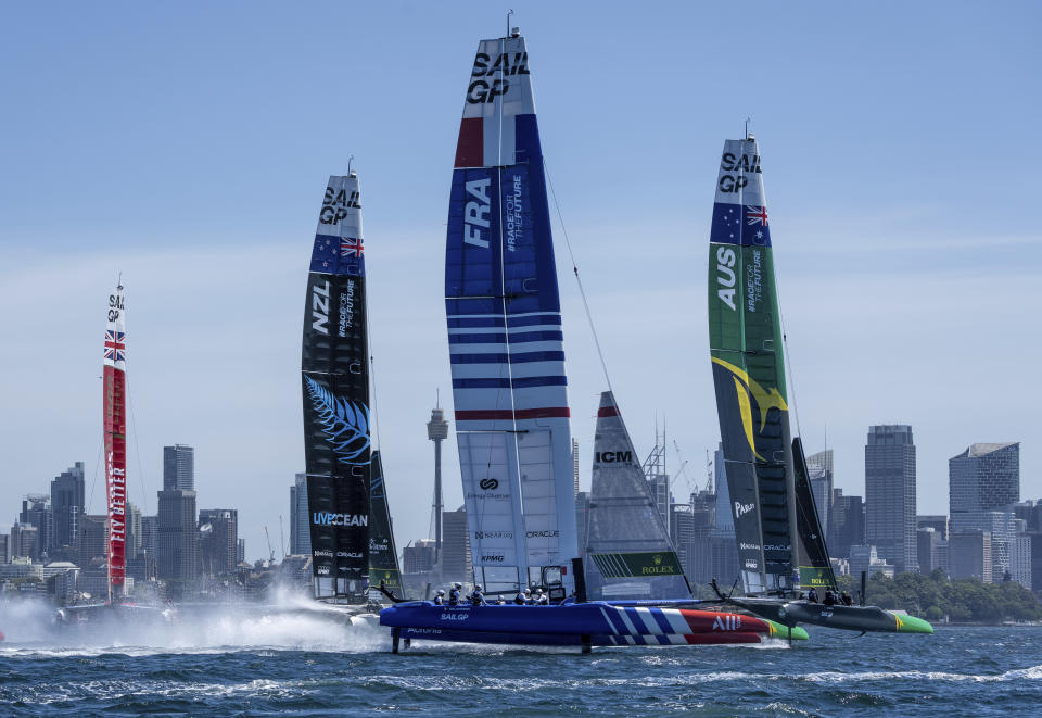 In this photo provided by SailGP, Australia SailGP Team, New Zealand SailGP Team and France SailGP Team sail during a practice session ahead of the KPMG Australia Sail Grand Prix in Sydney, Australia Thursday, Feb. 16, 2023. (Bob Martin/SailGP via AP)