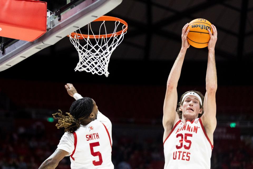 Utah Utes center Branden Carlson (35) jumps for the rebound during a game against the Oregon Ducks at the Huntsman Center in Salt Lake City on Jan. 21, 2024. | Marielle Scott, Deseret News