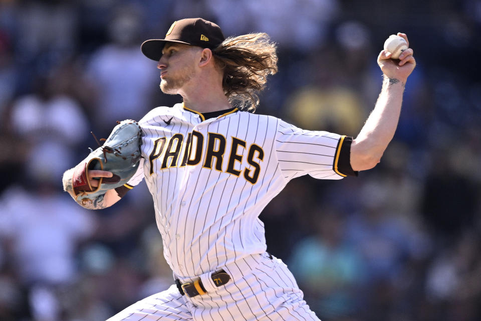 FILE - San Diego Padres relief pitcher Josh Hader delivers during the ninth inning of a baseball game against the Colorado Rockies, Wednesday, Sept. 20, 2023, in San Diego. Hard-throwing reliever Josh Hader and the Houston Astros agreed to a $95 million, five-year contract on Friday, Jan. 19, 2024, a person familiar with the negotiations told The Associated Press.(AP Photo/Denis Poroy, File)