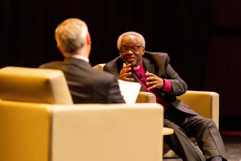 Michael Curry, presiding bishop of the Episcopal Church in the United States, reflects on democracy and religion in a conversation with Jon Meacham, Vanderbilt University historian, in Langford Hall at Vanderbilt on Jan. 14, 2022.