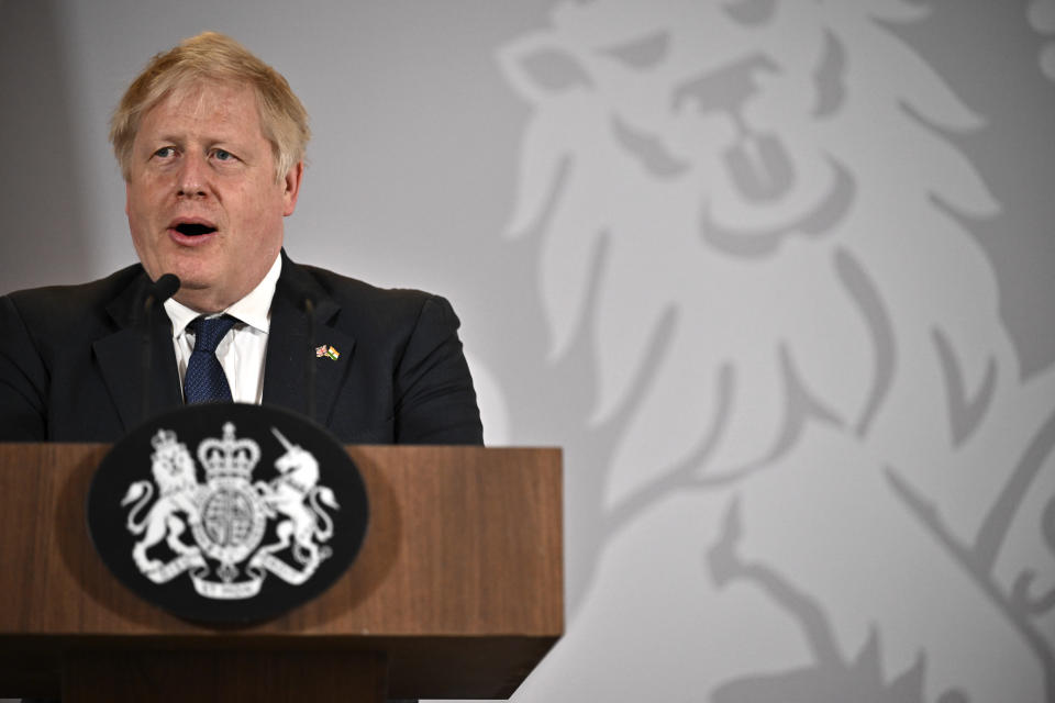 NEW DELHI, INDIA - APRIL 22: Britain's Prime Minister Boris Johnson speaks during a press conference on April 22, 2022 in New Delhi, India. During his two-day visit to India, Boris Johnson is expecting to seal new collaborations on defence and green energy as he seeks to reduce the country's dependence on Russian fossil fuels and military equipment. (Photo by Ben Stansall - WPA Pool/Getty Images)