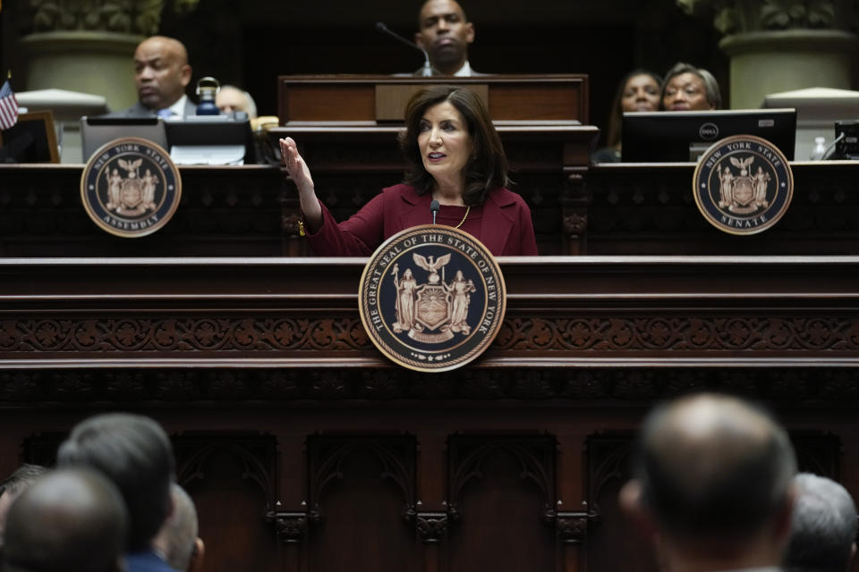 New York Governor Kathy Hochul speaks during the State of the State address in Albany, N.Y., Tuesday, Jan. 9, 2024. The Democrat outlined her agenda for the ongoing legislative session, focusing on crime, housing and education policies. (AP Photo/Seth Wenig)