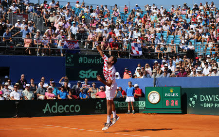 Tennis - Davis Cup - World Group Semi-Final - Croatia v United States - Sportski centar Visnjik, Zadar, Croatia - September 16, 2018 Croatia's Marin Cilic in action during his match against Sam Querrey of the U.S. REUTERS/Antonio Bronic