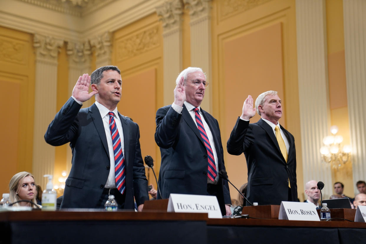 Left to right, witnesses Steven A. Engel, Jeffrey Rosen and Richard Donoghue are seen as the House Jan. 6 select committee holds a hearing on Capitol Hill on Thursday, June 23, 2022. (Demetrius Freeman/The Washington Post via Getty Images)