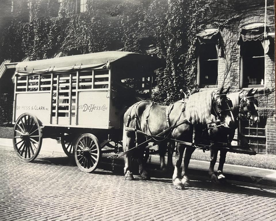 Salesman and business partner J.L. Clark increased product sales by distributing free samples of Dr. Hess’s products from a horse-drawn buggy.