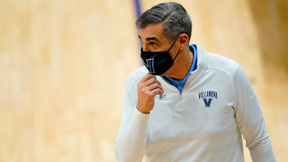 Mandatory Credit: Photo by Matt Slocum/AP/Shutterstock (11750014af)Villanova's Jay Wright coaches during an NCAA college basketball game against Georgetown, in Villanova, PaGeorgetown Basketball, Villanova, United States - 07 Feb 2021.