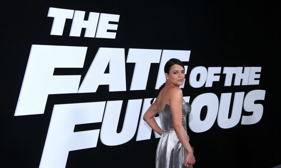 Michelle Rodriguez at the premiere of Fate & Furious. Source: Getty