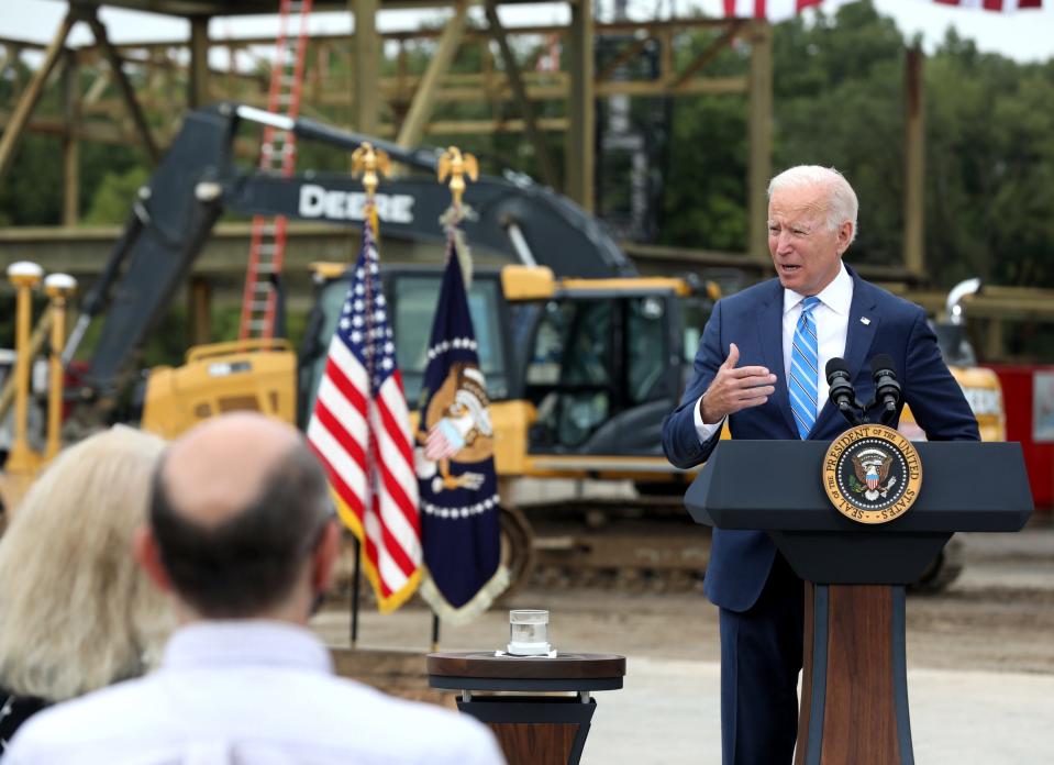 President Joe Biden speaks to workers and elected officials at the International Union of Operating Engineers Local 324 in Howell, Michigan on Oct. 5, 2021. Biden talked about the bipartisan infrastructure bill and his Build Back Better plan.