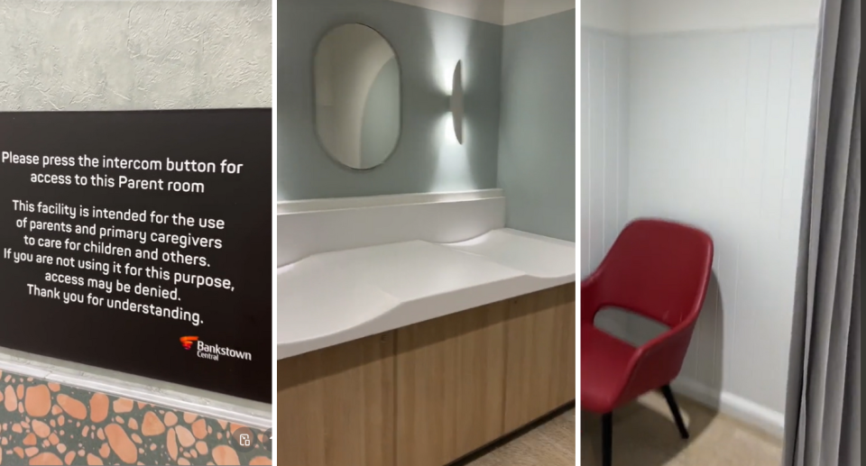 The sign next to the intercom (left), the change tables inside the parents room (middle) and a private space (right).