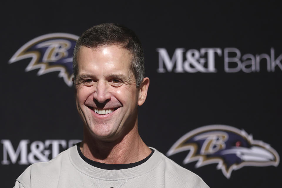 Baltimore Ravens head coach John Harbaugh smiles while speaking at a news conference after an NFL football game against the San Francisco 49ers in Santa Clara, Calif., Monday, Dec. 25, 2023. (AP Photo/Jed Jacobsohn)