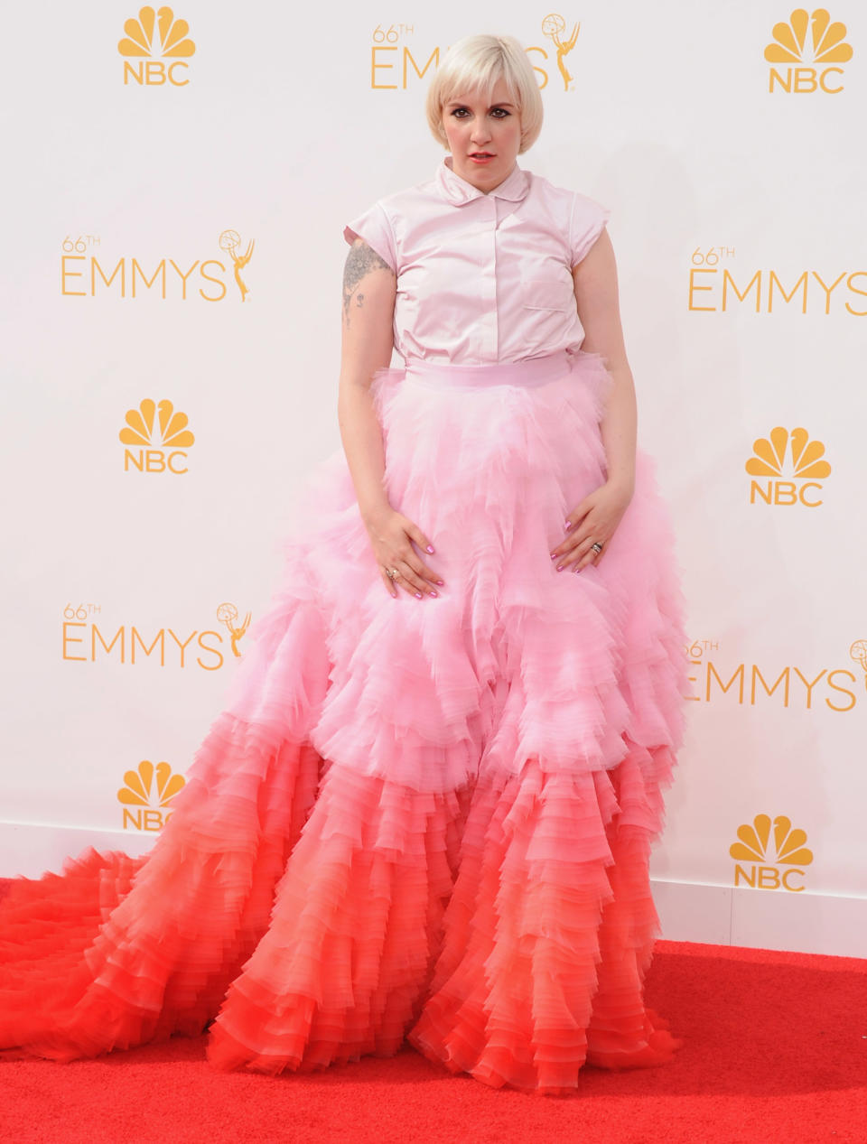 Lena Dunham at the 66th Emmy Awards on Aug. 25, 2014 in Los Angeles. (Photo by Jon Kopaloff/FilmMagic)