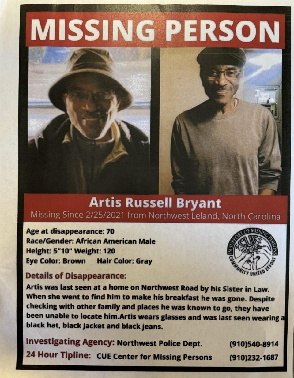 The Northwest Police Department and CUE Center for Missing Persons is offering a $10,000 cash reward for any tipster who can provide information leading to the direct location and recovery of Artis Russell Bryant, a 73-year-old male who went missing after returning to his residence on the morning of Feb. 26, 2021.