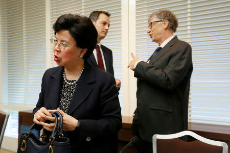 World Health Organization (WHO) Director-General Margaret Chan and Bill Gates (R), co-founder of the Bill & Melinda Gates Foundation, after a news conference on neglected tropical diseases (NTDs) in Geneva, Switzerland, April 18, 2017. REUTERS/Pierre Albouy