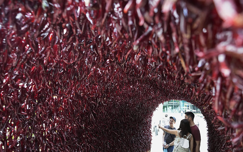 People take a selfie inside a tunnel made with red peppers during H.O.T Festival at Seoul Plaza. The photo is taken from one end of the tunnel looking toward a group of three people at the far entrance. The arch of the tunnel and walls are formed by many hanging red peppers.