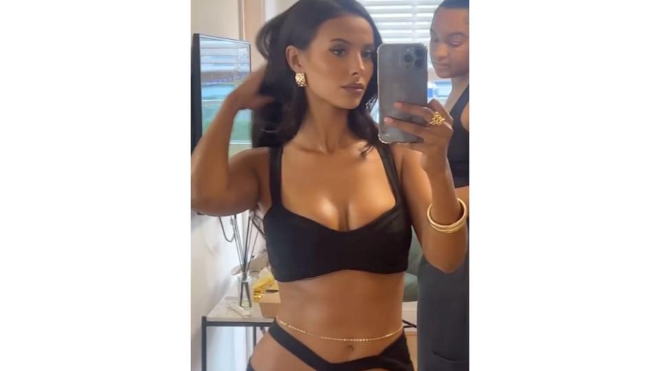 Maya Jama poses in a black dress on her Instagram 