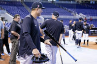 New York Yankees first baseman Anthony Rizzo walks onto the field before the team's baseball game against the Miami Marlins, Friday, July 30, 2021, in Miami. Rizzo was acquired in a trade from the Chicago Cubs. (AP Photo/Lynne Sladky)