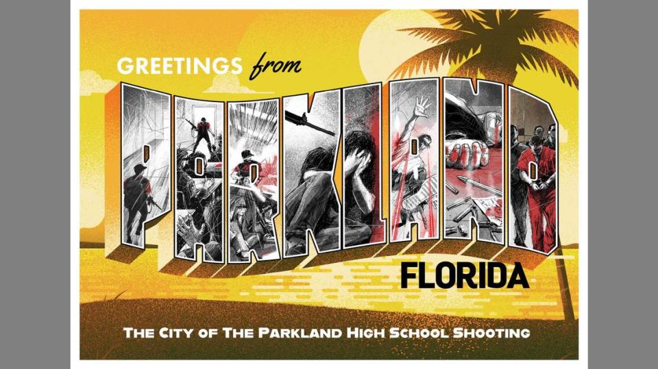 A rendering of a “Shamecard” from Parkland, Florida, one of the 50 city postcards drawn by artists from around the world commissioned by Change the Ref, the organization founded by Manuel and Patricia Oliver, parents of Parkland shooting victim Joaquin Oliver. A mural with this image was unveiled Thursday at the Pine Trails Park Amphitheater.