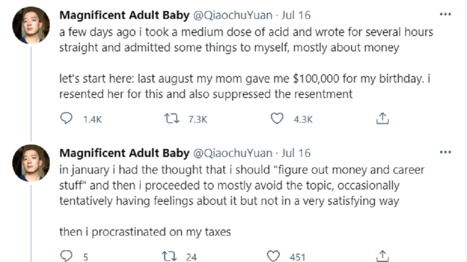 華裔男抱怨的點是自己無業3年，父母親卻一直給予他金錢援助。（圖／翻攝自推特）