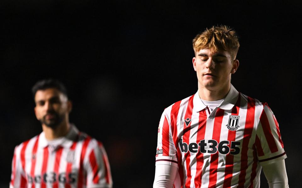 Stoke City's Nathan Lowe reacts after the Sky Bet Championship match between Plymouth Argyle and Stoke City at Home Park on December 02, 2023 in Plymouth, England