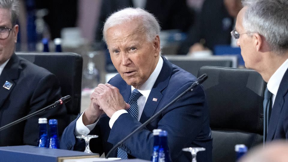 President Joe Biden makes opening remarks during the NATO summit in Washington on Wednesday, July 10, 2024, next to NATO Attorney General Jens Stoltenberg, right, and British Prime Minister Keir Starmer, left. (AP Photo/Jacquelyn Martin) - Jacquelyn Martin/AP
