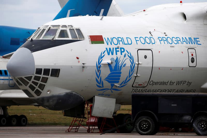 FILE PHOTO: Logo of the World Food Programme humanitarian organization is seen on a plane at the National Airport Minsk