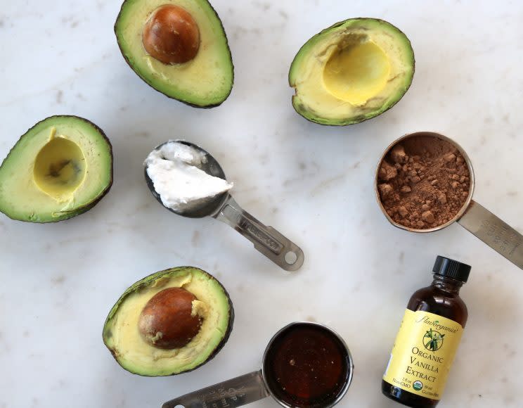 The basic ingredients for raw cacao avocado mousse.