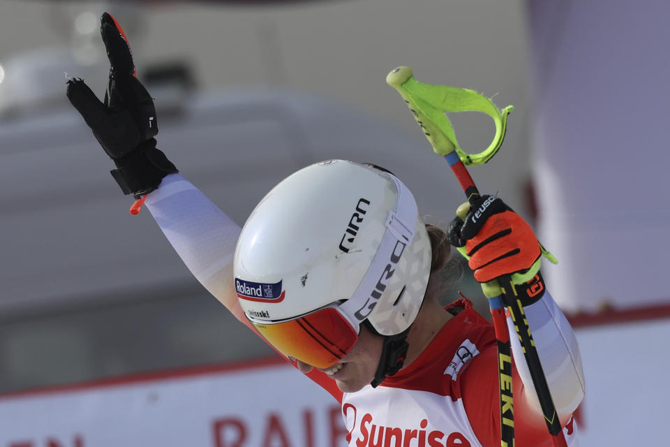 Switzerland's Jasmine Flury reacts after completing an alpine ski, women's World Cup downhill race, in Crans Montana, Switzerland, Friday, Feb. 16, 2024. (AP Photo/Marco Trovati)