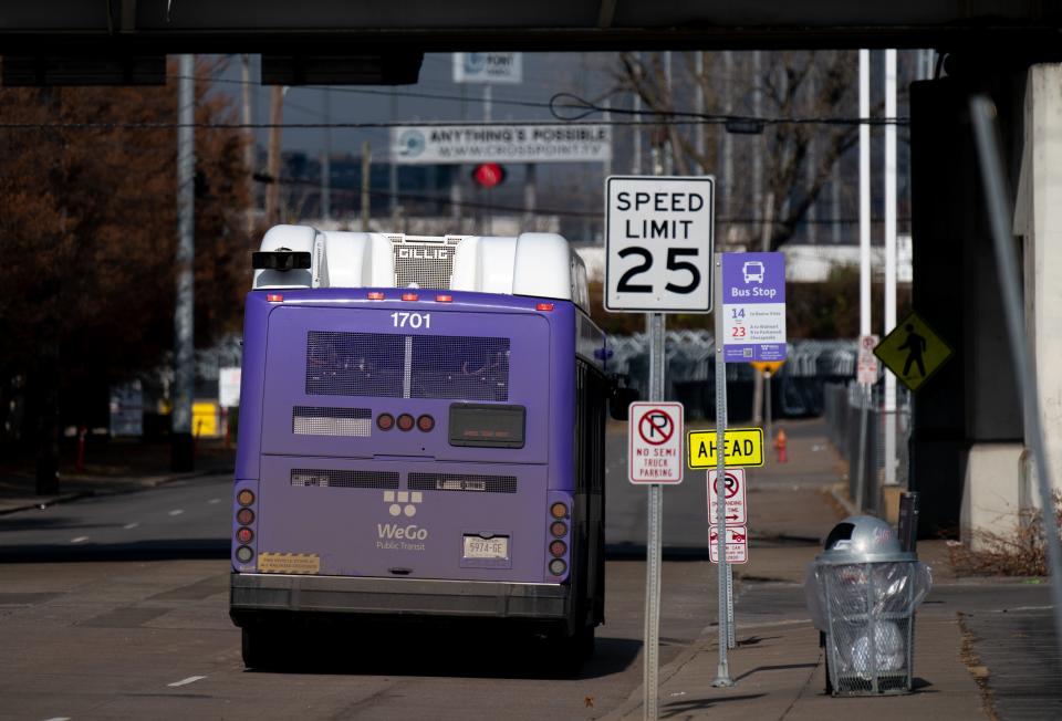 A WeGo Public Transit bus heads north on S. 1st Street near Nissan Stadium in Nashville, Tenn., Tuesday, Dec. 5, 2023. Nashville Mayor Freddie O'Connell put it to the voters to OK a tax hike to fund mass transit projects.