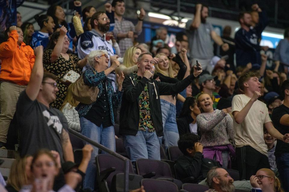 Ice Flyers fans celebrate a goal as the Ice Flyers take on the Evansville Thunderbolts at the Pensacola Bay Center Saturday, March 25, 2023.
