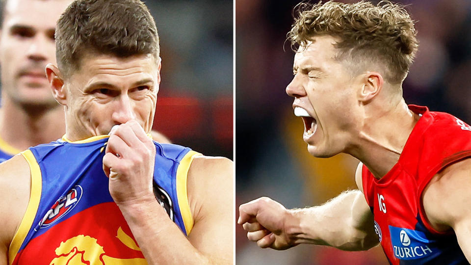 Pictured right, Jake Melksham celebrates the Melbourne Demons' comeback win over the Brisbane Lions in the AFL.