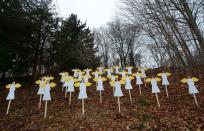 Wooden angel cut-outs are set up on hillside in memory to the victims of a school shooting in Newtown, Connecticut, on December 16, 2012. President Barack Obama has vowed to battle gun violence, casting the fight as a nation's duty to protect its young, as the Connecticut town of Newtown prepared to bury the first two victims of last week's rampage at an elementary school