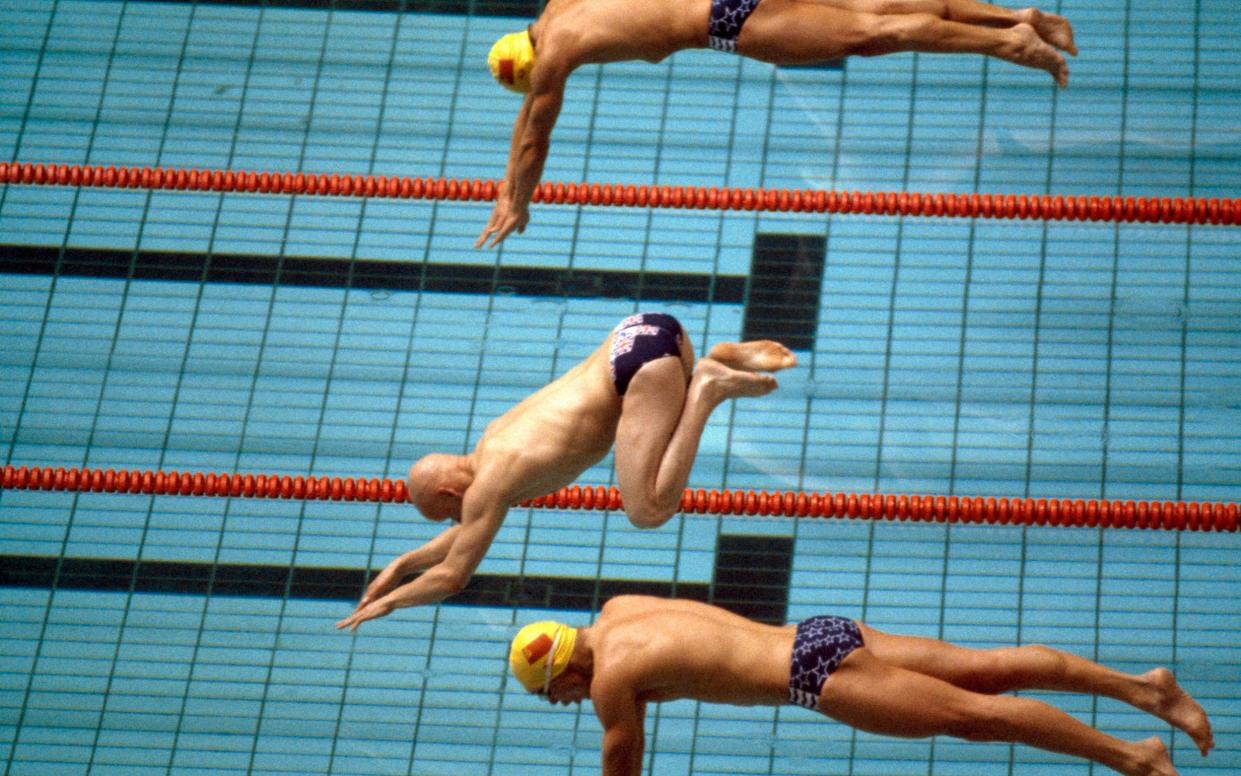 Goodhew beginning to compete in the 800 metres breaststroke event at the 1980 Olympic Games in Moscow