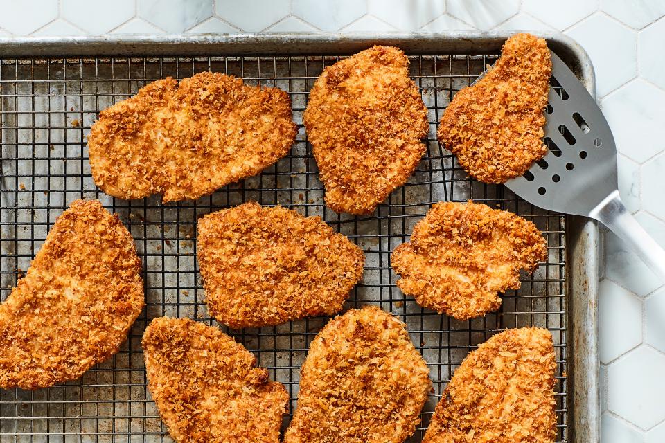 Stash a big batch of these easy breaded cutlets in the freezer and dinner will always be <a rel="nofollow noopener" href="https://www.epicurious.com/expert-advice/make-ahead-crispy-chicken-cutlets-article?mbid=synd_yahoo_rss" target="_blank" data-ylk="slk:just a few minutes away;elm:context_link;itc:0;sec:content-canvas" class="link ">just a few minutes away</a>. <a rel="nofollow noopener" href="https://www.epicurious.com/recipes/food/views/make-ahead-baked-crispy-chicken-cutlets?mbid=synd_yahoo_rss" target="_blank" data-ylk="slk:See recipe.;elm:context_link;itc:0;sec:content-canvas" class="link ">See recipe.</a>