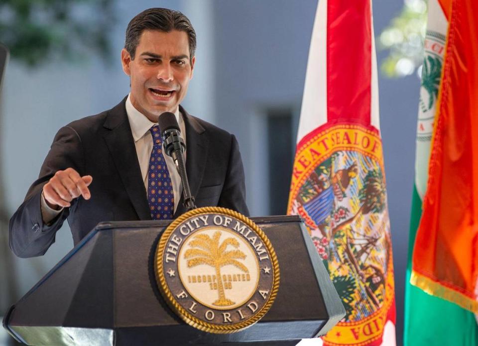 City of Miami Mayor Francis X. Suarez delivers the state of the city address at Smathers Plaza in Miami on Tuesday, Jan. 26, 2021.