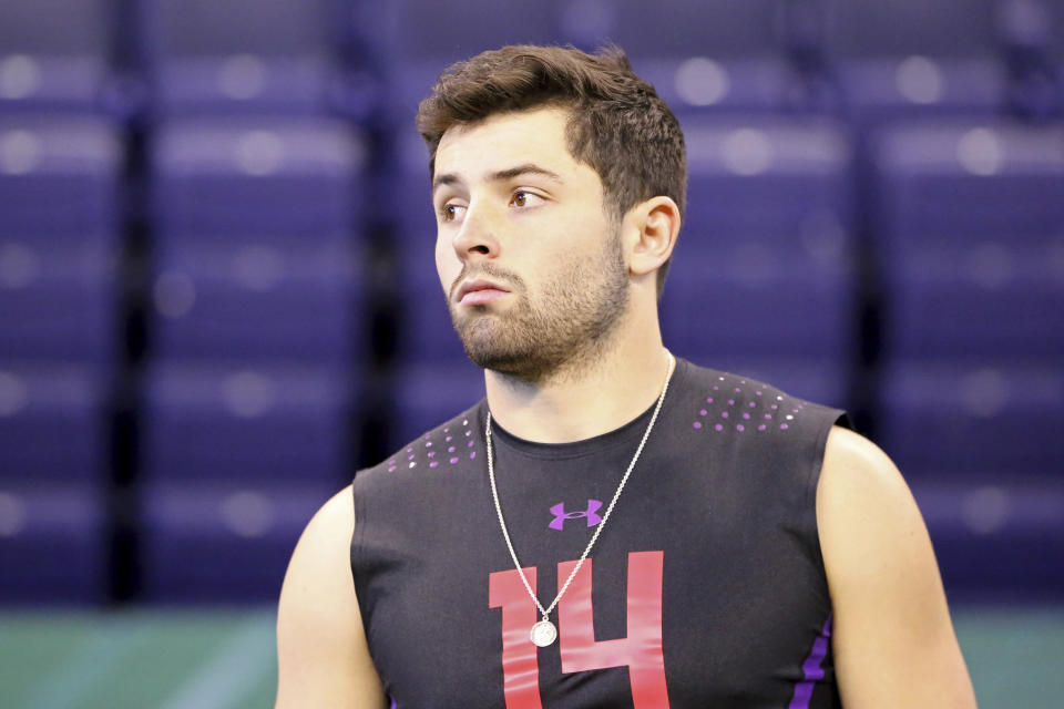 Baker Mayfield maintained his high level of confidence this past week at the NFL scouting combine. (AP) 